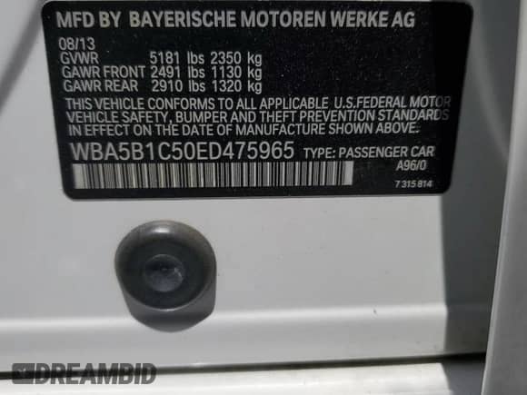 2014 BMW 5 Series 535i с VIN WBA5B1C50ED475965, выставлен на аукционе Copart как лот 66006065 с пробегом 145 832 миль миль и Списание • Salvage title. История ставок и продаж доступна на DreamBid. Изображение 12.