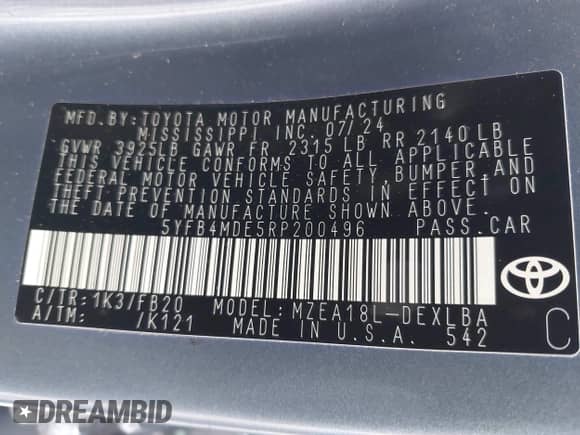 2024 Toyota Corolla LE с VIN 5YFB4MDE5RP200496, выставлен на аукционе IAAI как лот 43182517 с пробегом 30 756 миль миль и . История ставок и продаж доступна на DreamBid. Изображение 9.