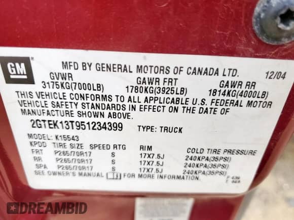 2005 GMC Sierra 1500 SLE z VIN 2GTEK13T951234399, wystawiony jako Copart lot #56839735 z przebiegiem 79 070 mil mil oraz Czysty tytuł • Clean title. Historia ofert i sprzedaży dostępna na DreamBid. Obrazek 12.