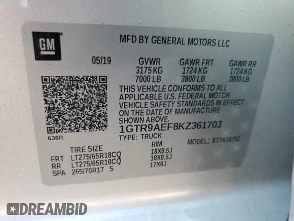 2019 GMC Sierra 1500 with VIN 1GTR9AEF8KZ361703, listed as a Copart auction lot 81617905 with 98,260 mi miles and Salvage title. Bid and sale history available at DreamBid. Image 12.