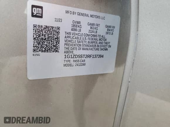 2024 Chevrolet Malibu LT with VIN 1G1ZD5ST2RF137394, listed as a Copart auction lot 84998495 with Not provided miles and Non repairable. Bid and sale history available at DreamBid. Image 12.