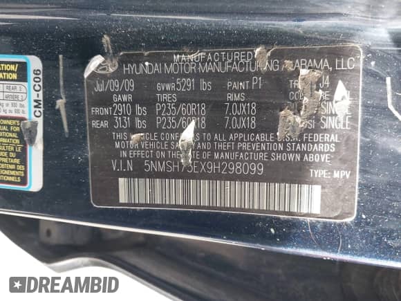 2009 Hyundai Santa Fe SE with VIN 5NMSH73EX9H298099, listed as a IAAI auction lot 43497095 with 187,012 mi miles and . Bid and sale history available at DreamBid. Image 9.