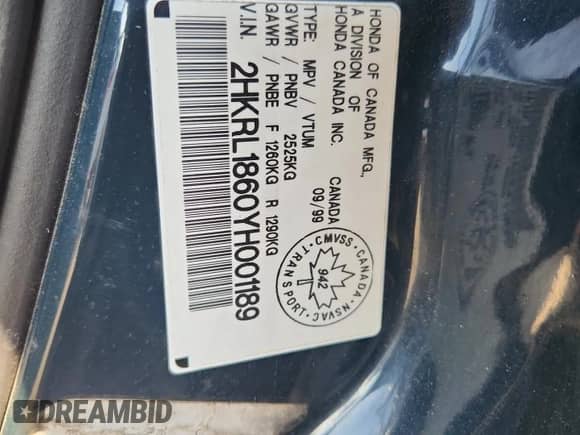 2000 Honda Odyssey EX z VIN 2HKRL1860YH001189, wystawiony jako Copart lot #67992335 z przebiegiem Nie podano mil oraz Nie do naprawy • Non repairable. Historia ofert i sprzedaży dostępna na DreamBid. Obrazek 12.