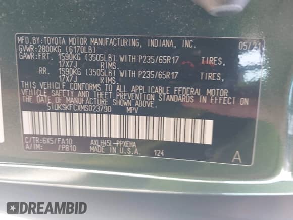 2021 Toyota Sienna LE with VIN 5TDKSKFCXMS023790, listed as a IAAI auction lot 43308235 with 49,430 mi miles and . Bid and sale history available at DreamBid. Image 9.