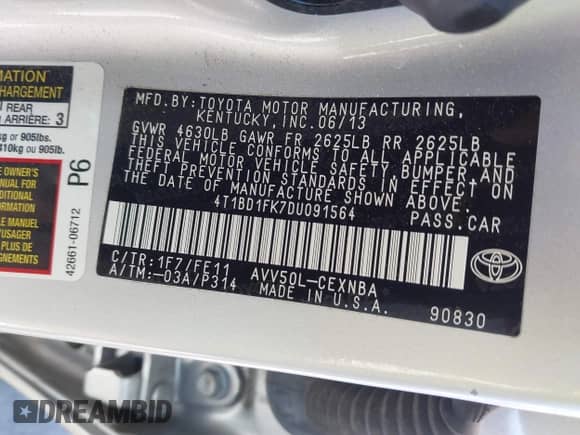 2013 Toyota Camry LE z VIN 4T1BD1FK7DU091564, wystawiony jako IAAI lot #43095022 z przebiegiem 103 132 mil mil oraz . Historia ofert i sprzedaży dostępna na DreamBid. Obrazek 9.