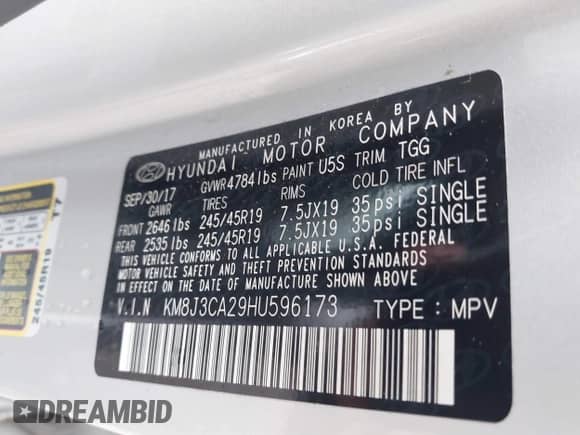 2017 Hyundai Tucson Sport с VIN KM8J3CA29HU596173, выставлен на аукционе IAAI как лот 42191106 с пробегом 52 598 миль миль и . История ставок и продаж доступна на DreamBid. Изображение 9.