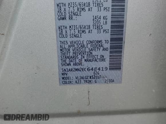 2014 Nissan Pathfinder SL with VIN 5N1AR2MN2EC648419, listed as a Copart auction lot 69344935 with 214,511 mi miles and Salvage title. Bid and sale history available at DreamBid. Image 13.