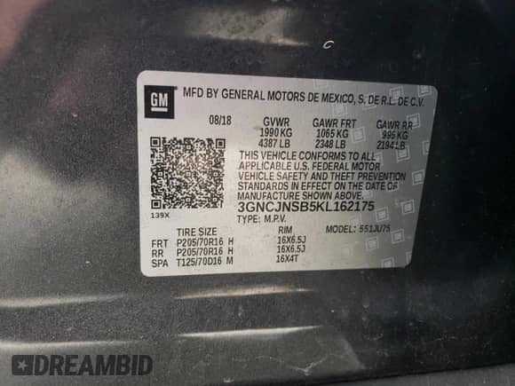 2019 Chevrolet Trax LS with VIN 3GNCJNSB5KL162175, listed as a Copart auction lot 62055785 with 90,872 mi miles and Salvage title. Bid and sale history available at DreamBid. Image 13.