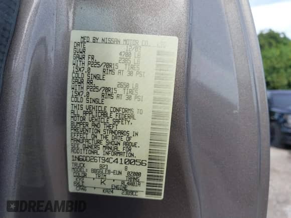 2004 Nissan Frontier XE with VIN 1N6DD26T94C410056, listed as a IAAI auction lot 43003095 with 215,814 mi miles and . Bid and sale history available at DreamBid. Image 9.