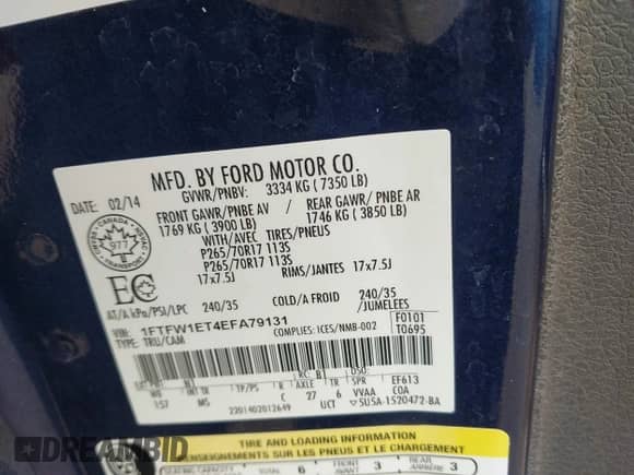 2014 Ford F-150 FX4 with VIN 1FTFW1ET4EFA79131, listed as a IAAI auction lot 43374716 with 148,213 mi miles and . Bid and sale history available at DreamBid. Image 9.