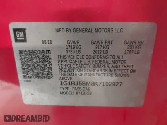 2019 Chevrolet Cruze z VIN 1G1BJ5SM8K7102927, wystawiony jako IAAI lot #42318177 z przebiegiem 103 442 mil mil oraz . Historia ofert i sprzedaży dostępna na DreamBid. Obrazek 9.