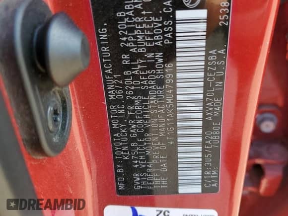 2021 Toyota Camry SE Nightshade z VIN 4T1G11AK5MU479916, wystawiony jako Copart lot #71206825 z przebiegiem 82 202 mil mil oraz Szkoda całkowita • Salvage title. Historia ofert i sprzedaży dostępna na DreamBid. Obrazek 12.