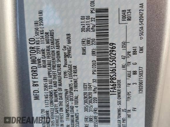 2020 Ford Mustang Shelby GT500 with VIN 1FA6P8SJ6L5502969, listed as a Copart auction lot 86111124 with 12,678 mi miles and Salvage title. Bid and sale history available at DreamBid. Image 12.