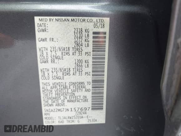 2018 Nissan Murano SV z VIN 5N1AZ2MG7JN157697, wystawiony jako IAAI lot #42190907 z przebiegiem 79 615 mil mil oraz . Historia ofert i sprzedaży dostępna na DreamBid. Obrazek 9.