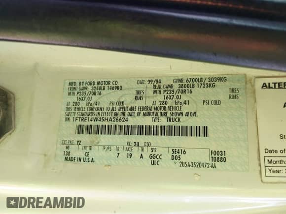 2005 Ford Econoline Cargo with VIN 1FTRE14W45HA26624, listed as a IAAI auction lot 42787243 with 490,973 mi miles and . Bid and sale history available at DreamBid. Image 9.