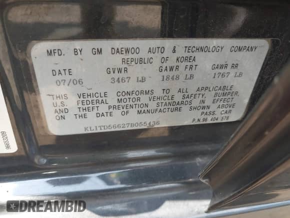 2007 Chevrolet Aveo LS with VIN KL1TD56627B055436, listed as a IAAI auction lot 42462092 with 102,923 mi miles and . Bid and sale history available at DreamBid. Image 9.