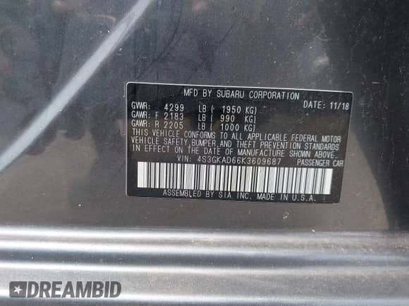 2019 Subaru Impreza Premium с VIN 4S3GKAD66K3609687, выставлен на аукционе IAAI как лот 42413902 с пробегом 56 558 миль миль и . История ставок и продаж доступна на DreamBid. Изображение 9.