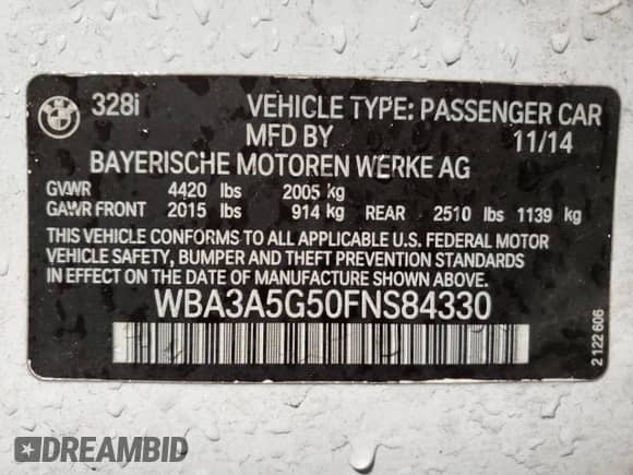 2015 BMW 3 Series 328i с VIN WBA3A5G50FNS84330, выставлен на аукционе Copart как лот 86067595 с пробегом 85 538 миль миль и Списание • Salvage title. История ставок и продаж доступна на DreamBid. Изображение 12.