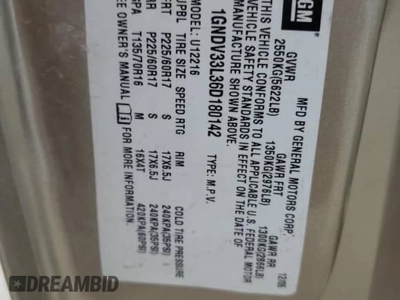 2006 Chevrolet Uplander 3LT z VIN 1GNDV33L36D180142, wystawiony jako Copart lot #58047965 z przebiegiem 120 067 mil mil oraz Szkoda całkowita • Salvage title. Historia ofert i sprzedaży dostępna na DreamBid. Obrazek 13.