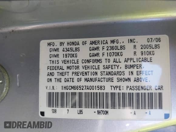 2007 Honda Accord EX-L with VIN 1HGCM66527A001583, listed as a IAAI auction lot 43127514 with 171,423 mi miles and . Bid and sale history available at DreamBid. Image 9.