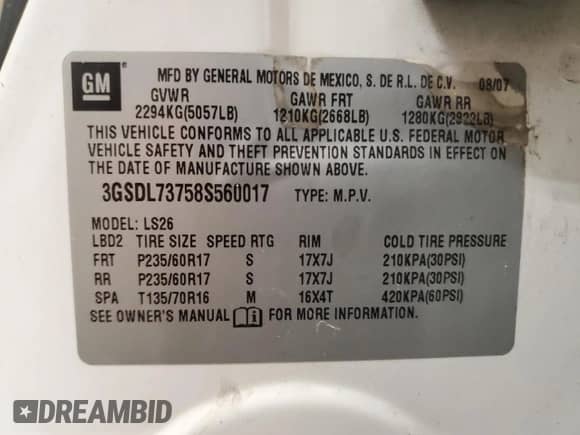 2008 Saturn VUE XR с VIN 3GSDL73758S560017, выставлен на аукционе Copart как лот 67793685 с пробегом Не указан миль и Чистый • Clean title. История ставок и продаж доступна на DreamBid. Изображение 12.