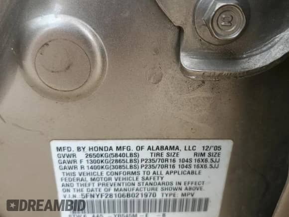 2006 Honda Pilot LX с VIN 5FNYF28106B021970, выставлен на аукционе Copart как лот 67456725 с пробегом 276 960 миль миль и Чистый • Clean title. История ставок и продаж доступна на DreamBid. Изображение 13.