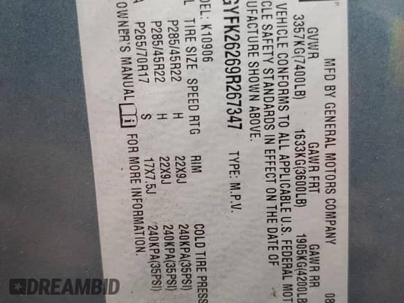 2009 Cadillac Escalade ESV with VIN 1GYFK26269R267347, listed as a Copart auction lot 84268825 with Not provided miles and Salvage title. Bid and sale history available at DreamBid. Image 13.