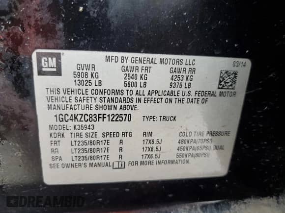 2015 Chevrolet Silverado 3500HD LT with VIN 1GC4KZC83FF122570, listed as a Copart auction lot 85655754 with 302,801 mi miles and Salvage title. Bid and sale history available at DreamBid. Image 12.