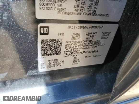 2021 Chevrolet Silverado 1500 Custom Trail Boss with VIN 1GCPYCEH3MZ334614, listed as a Copart auction lot 57960764 with 37,734 mi miles and Salvage title. Bid and sale history available at DreamBid. Image 12.