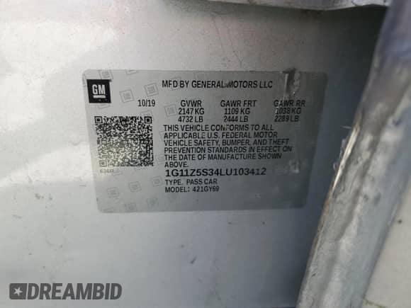 2020 Chevrolet Impala LT with VIN 1G11Z5S34LU103412, listed as a Copart auction lot 71559035 with 80,191 mi miles and Salvage title. Bid and sale history available at DreamBid. Image 13.