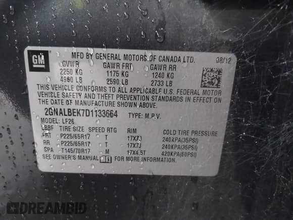 2013 Chevrolet Equinox LS with VIN 2GNALBEK7D1133664, listed as a IAAI auction lot 43180540 with 170,389 mi miles and . Bid and sale history available at DreamBid. Image 9.