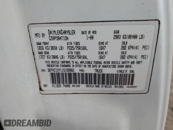 2001 Dodge 1500 с VIN 3B7HC12Y11G169962, выставлен на аукционе Copart как лот 79892374 с пробегом Не указан миль и На запчасти • Non repairable. История ставок и продаж доступна на DreamBid. Изображение 13.