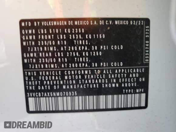 2022 Volkswagen Tiguan SE R-Line Black с VIN 3VVCB7AX5NM070935, выставлен на аукционе Copart как лот 80147435 с пробегом 64 700 миль миль и Списание • Salvage title. История ставок и продаж доступна на DreamBid. Изображение 13.