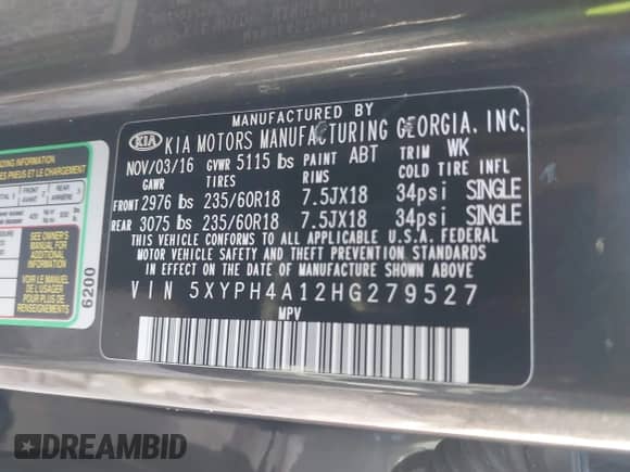 2017 Kia Sorento EX with VIN 5XYPH4A12HG279527, listed as a IAAI auction lot 43553123 with 97,243 mi miles and . Bid and sale history available at DreamBid. Image 9.