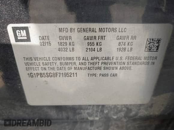 2015 Chevrolet Cruze LS with VIN 1G1PB5SG8F7195211, listed as a IAAI auction lot 42775040 with 116,435 mi miles and . Bid and sale history available at DreamBid. Image 9.