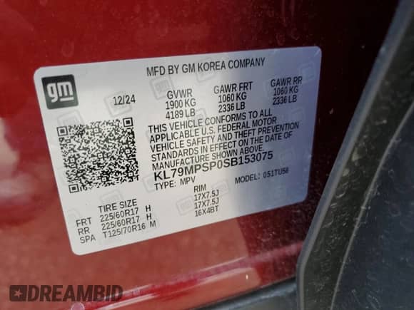 2025 Chevrolet TrailBlazer LT with VIN KL79MPSP0SB153075, listed as a Copart auction lot 70437175 with 12,153 mi miles and Salvage title. Bid and sale history available at DreamBid. Image 14.