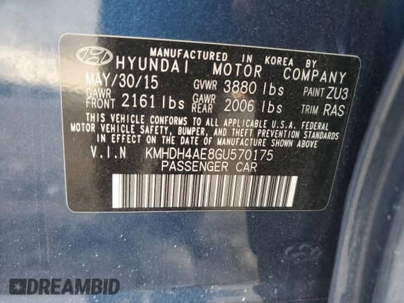 2016 Hyundai Elantra Limited with VIN KMHDH4AE8GU570175, listed as a Copart auction lot 84240355 with 75,315 mi miles and Salvage title. Bid and sale history available at DreamBid. Image 12.