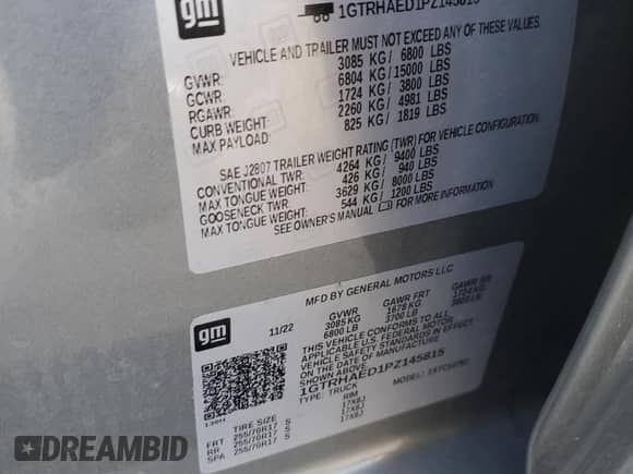 2023 GMC Sierra 1500 Pro с VIN 1GTRHAED1PZ145815, выставлен на аукционе Copart как лот 85705715 с пробегом 61 113 миль миль и Списание • Salvage title. История ставок и продаж доступна на DreamBid. Изображение 13.