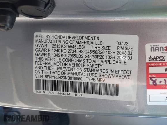 2022 Honda Pilot Special Edition с VIN 5FNYF5H23NB018960, выставлен на аукционе IAAI как лот 41992139 с пробегом 34 990 миль миль и . История ставок и продаж доступна на DreamBid. Изображение 9.