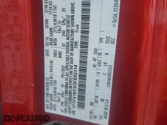 2016 Ford F-150 XLT z VIN 1FTFX1EF2GFB52314, wystawiony jako Copart lot #81804795 z przebiegiem Nie podano mil oraz Szkoda całkowita • Salvage title. Historia ofert i sprzedaży dostępna na DreamBid. Obrazek 12.