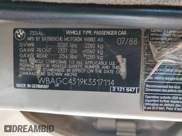 1989 BMW 7 Series with VIN WBAGC4319K3317114, listed as a Copart auction lot 60674535 with Not provided miles and Clean title. Bid and sale history available at DreamBid. Image 12.