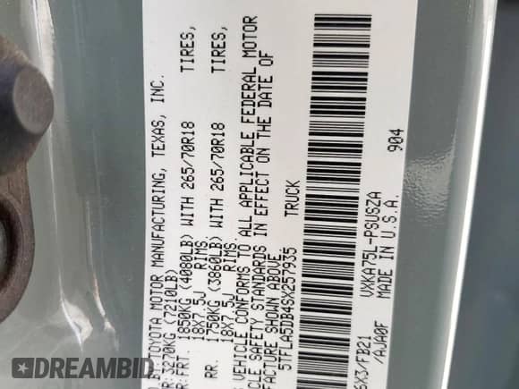 2025 Toyota Tundra SR with VIN 5TFLA5DB4SX257935, listed as a Copart auction lot 57320765 with 6,384 mi miles and Salvage title. Bid and sale history available at DreamBid. Image 12.