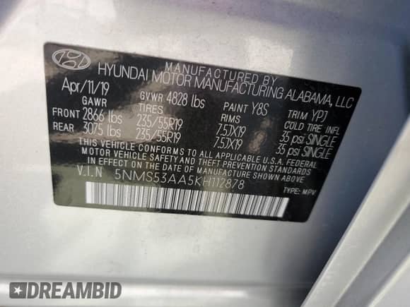 2019 Hyundai Santa Fe Ultimate с VIN 5NMS53AA5KH112878, выставлен на аукционе Copart как лот 70590225 с пробегом 18 422 миль миль и Списание • Salvage title. История ставок и продаж доступна на DreamBid. Изображение 12.