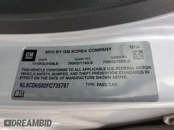 2015 Chevrolet Spark LT с VIN KL8CD6S92FC735787, выставлен на аукционе Copart как лот 69357155 с пробегом 80 113 миль миль и Чистый • Clean title. История ставок и продаж доступна на DreamBid. Изображение 14.