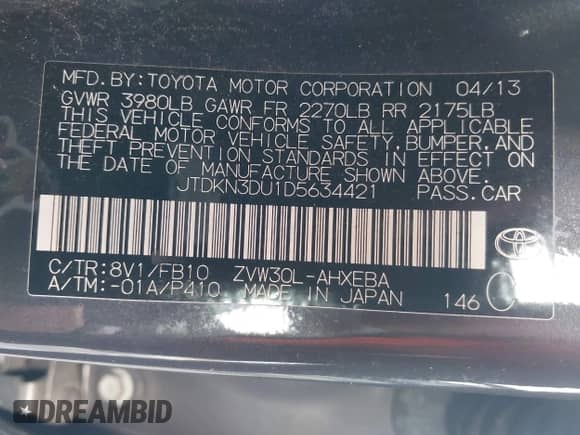 2013 Toyota Prius Two с VIN JTDKN3DU1D5634421, выставлен на аукционе IAAI как лот 43369608 с пробегом 214 362 миль миль и . История ставок и продаж доступна на DreamBid. Изображение 8.