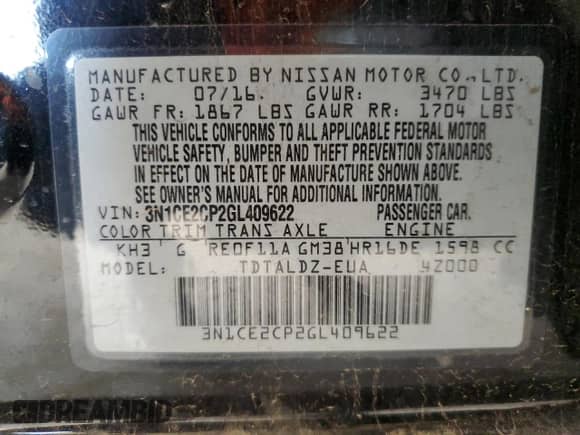 2016 Nissan Note SV z VIN 3N1CE2CP2GL409622, wystawiony jako Copart lot #85874955 z przebiegiem 96 286 mil mil oraz Szkoda całkowita • Salvage title. Historia ofert i sprzedaży dostępna na DreamBid. Obrazek 12.