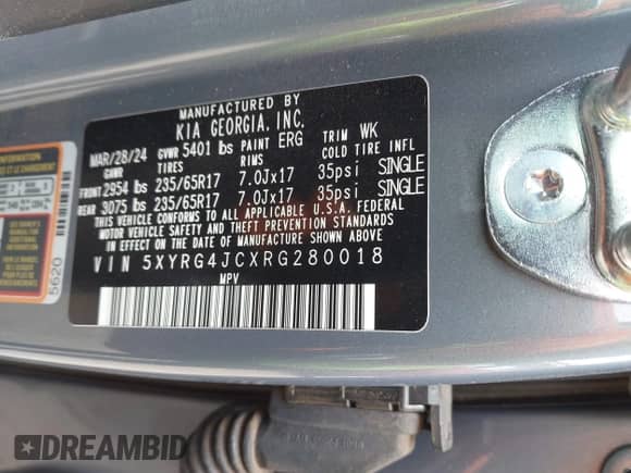 2024 Kia Sorento LX with VIN 5XYRG4JCXRG280018, listed as a IAAI auction lot 41616520 with 12,403 mi miles and . Bid and sale history available at DreamBid. Image 9.