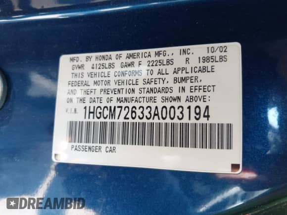 2003 Honda Accord EX with VIN 1HGCM72633A003194, listed as a IAAI auction lot 43109872 with 264,368 mi miles and . Bid and sale history available at DreamBid. Image 9.