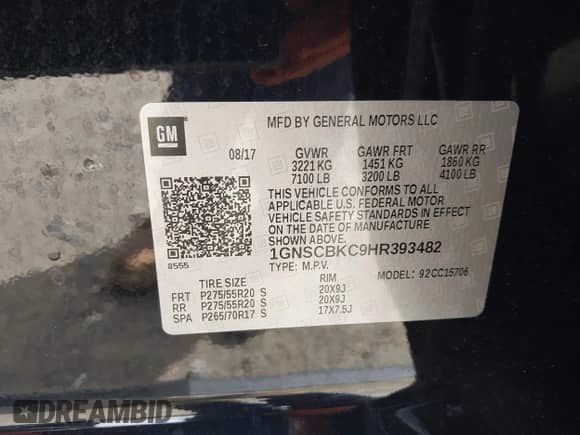 2017 Chevrolet Tahoe LT with VIN 1GNSCBKC9HR393482, listed as a IAAI auction lot 42388221 with 56,244 mi miles and . Bid and sale history available at DreamBid. Image 9.