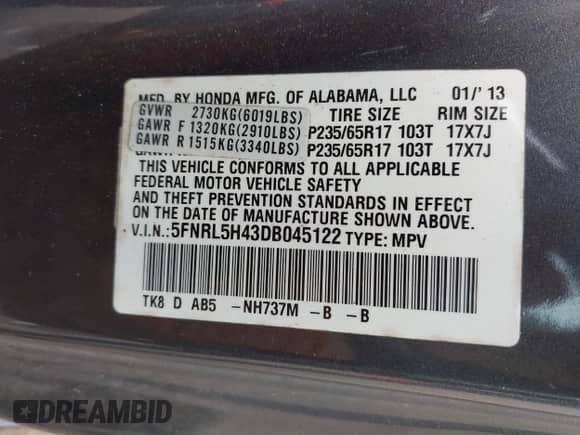 2013 Honda Odyssey EX с VIN 5FNRL5H43DB045122, выставлен на аукционе IAAI как лот 43392397 с пробегом 289 391 миль миль и . История ставок и продаж доступна на DreamBid. Изображение 9.